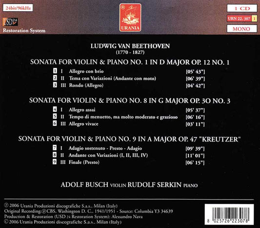 BEETHOVEN: SONATAS FOR VIOLIN AND PIANO, BUSCH & SERKIN